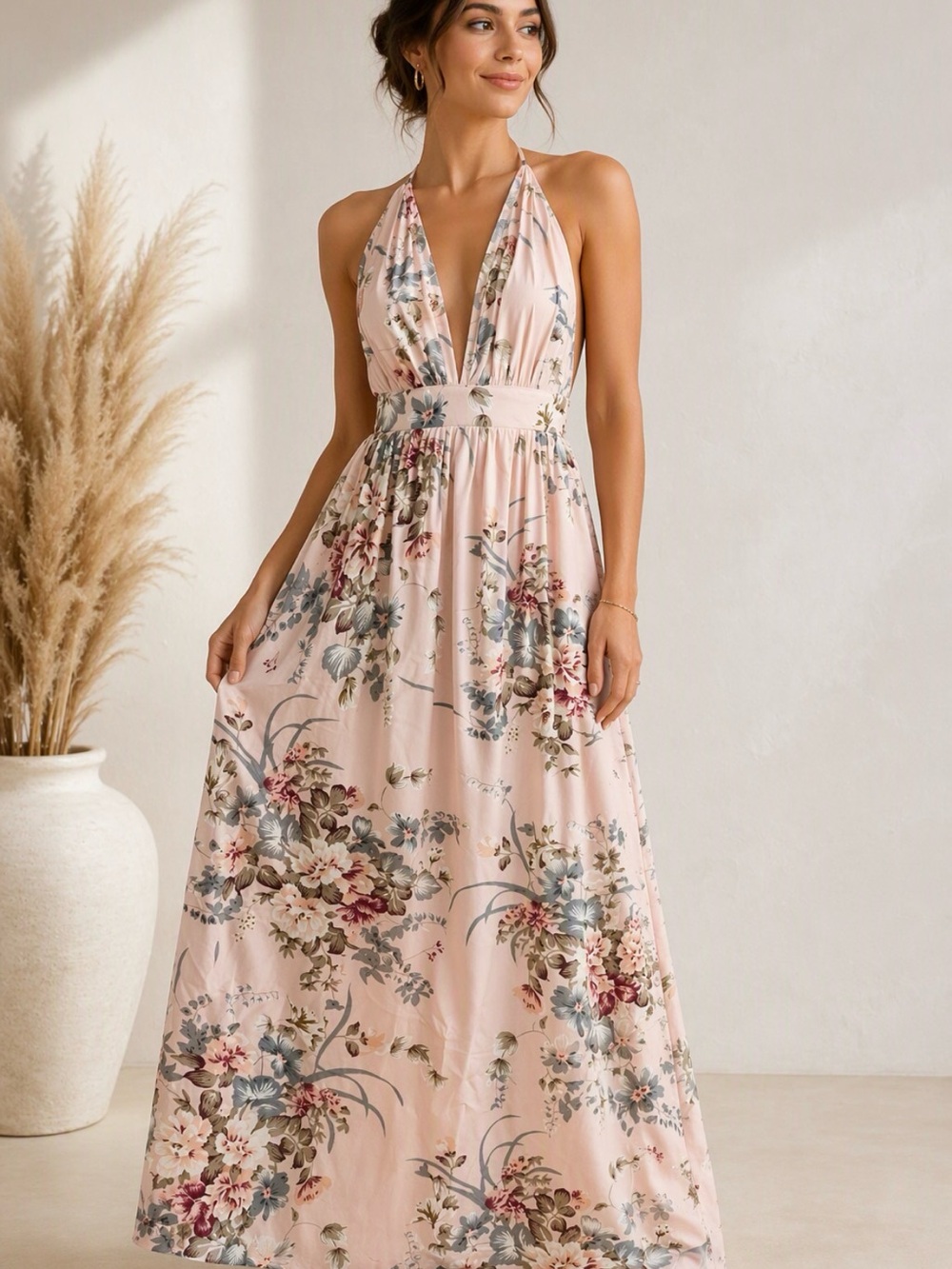 Halter Floral Maxi Dress - Blush Pink